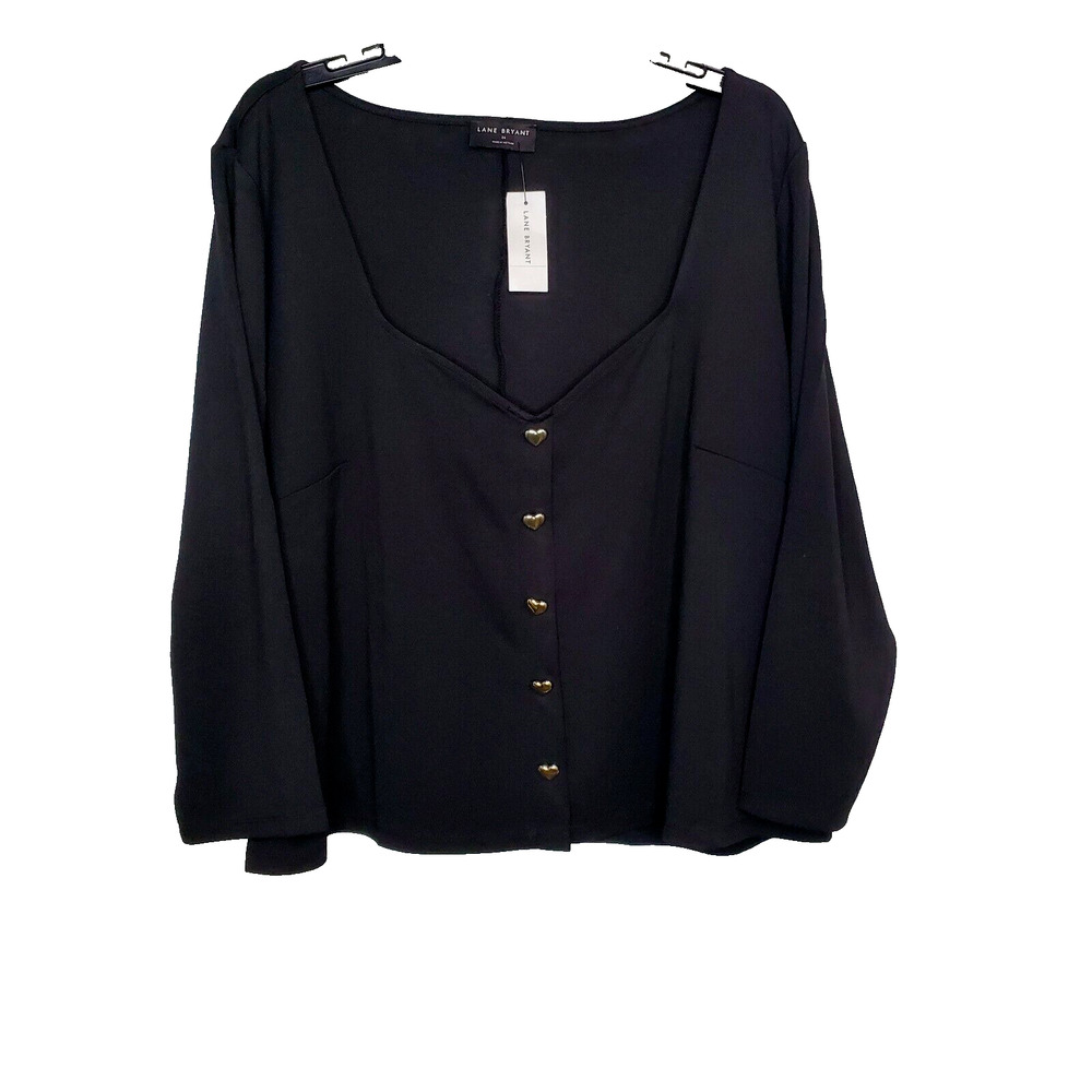 Lane Bryant Womens Black V Neck Long Sleeve Blouse SZ 24 Gold Heart Buttons Top